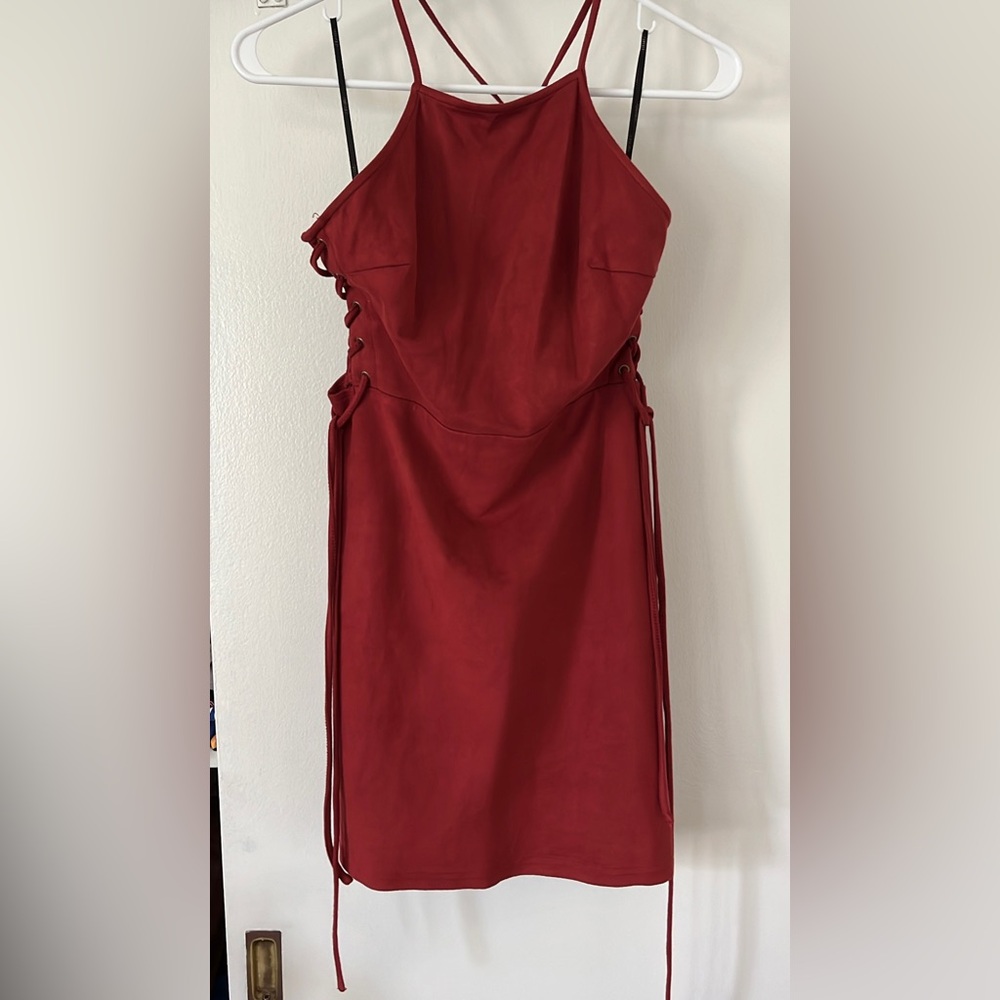 Suede-like burnt red halter mini dress